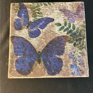 Butterfly Trivet / Riser Tile, red ware tile with handmade decoupage design